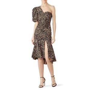 Jonathan Simkhai Leopard Print Dress One Shoulder Midi Black Brown Tan Size 2